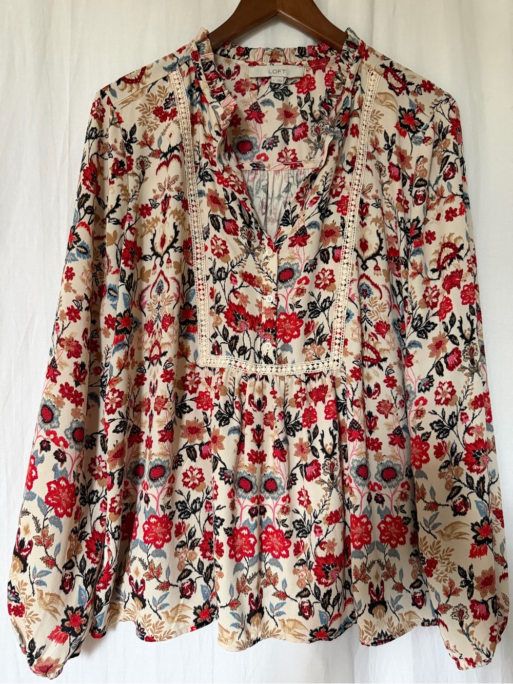LOFT Mixed Media Floral Print Tunic Blouse Top Buttons on Front - Multi Col- XL